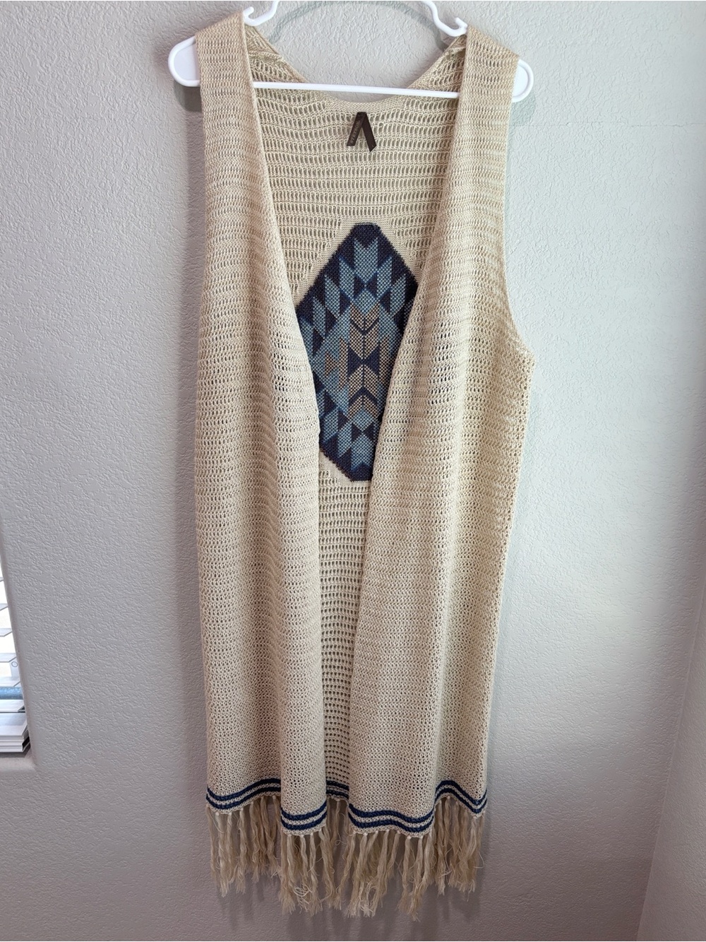 Stetson Southwestern Geometric Crochet Knit Fringe Duster Vest Cardigan Large